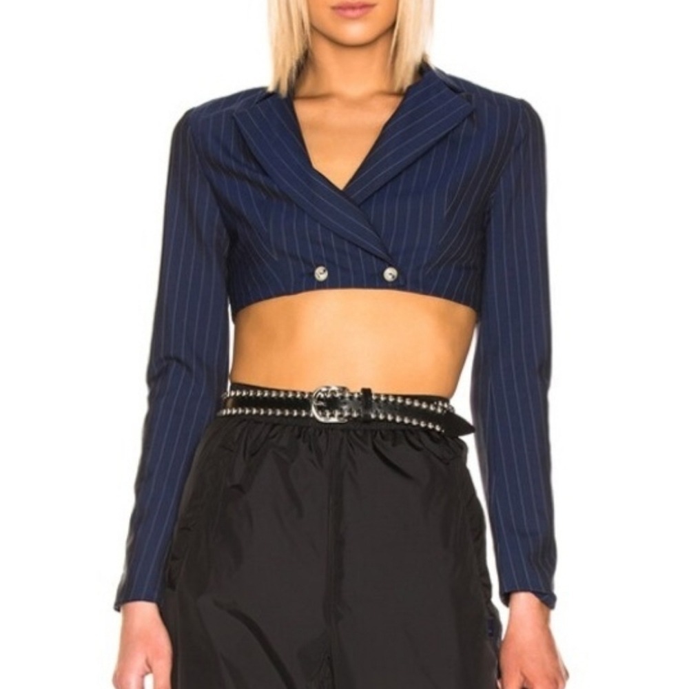 STAUD Navy Pinstripe Cropped Blazer Tailored Chic Minimalist Jacket Size 6 - Picture 12 of 12